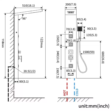 Colonne de douche cascade murale en acier